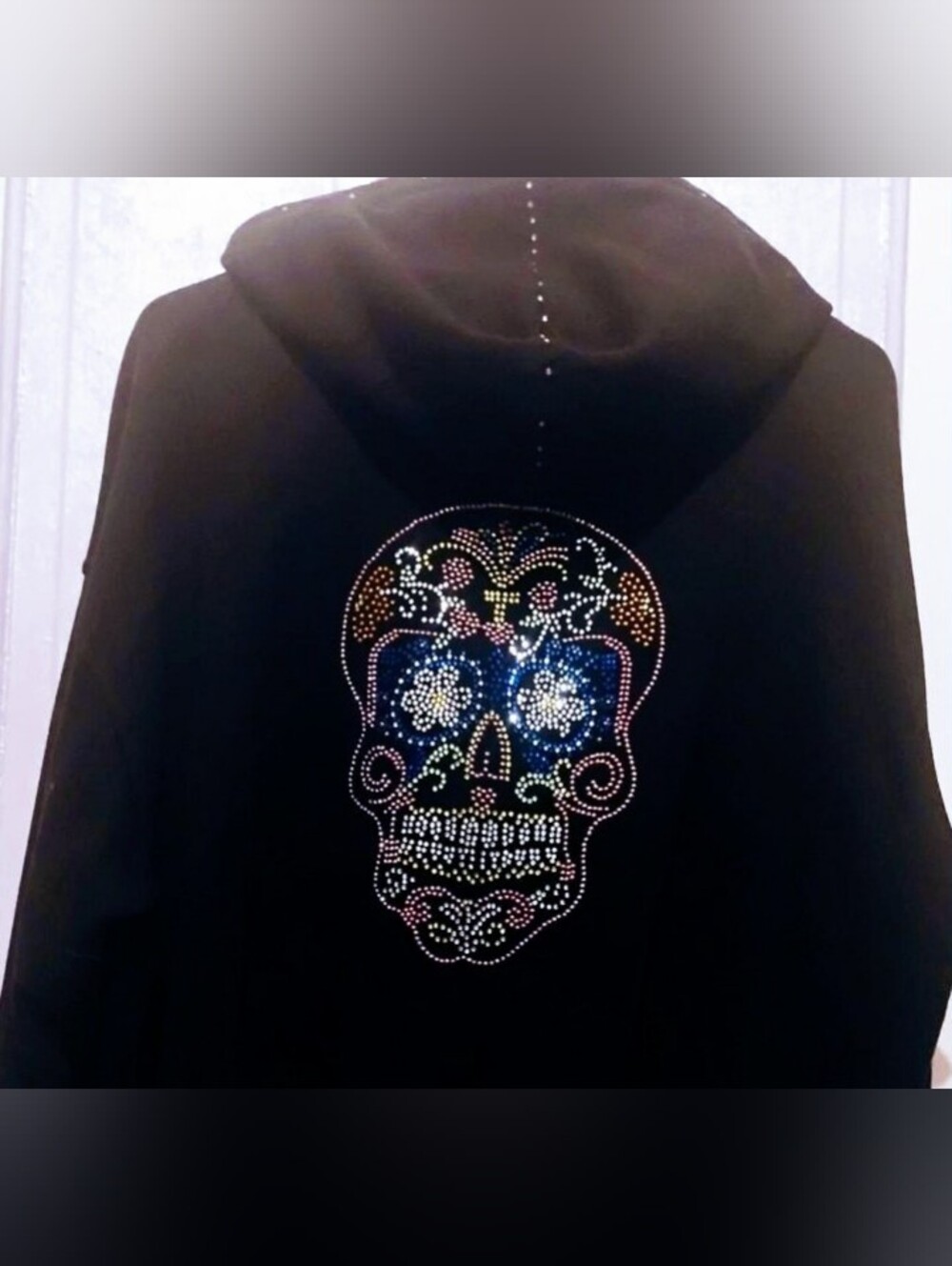 3X Black Hoodie with Multicolor Rhinestone Sugar Skull